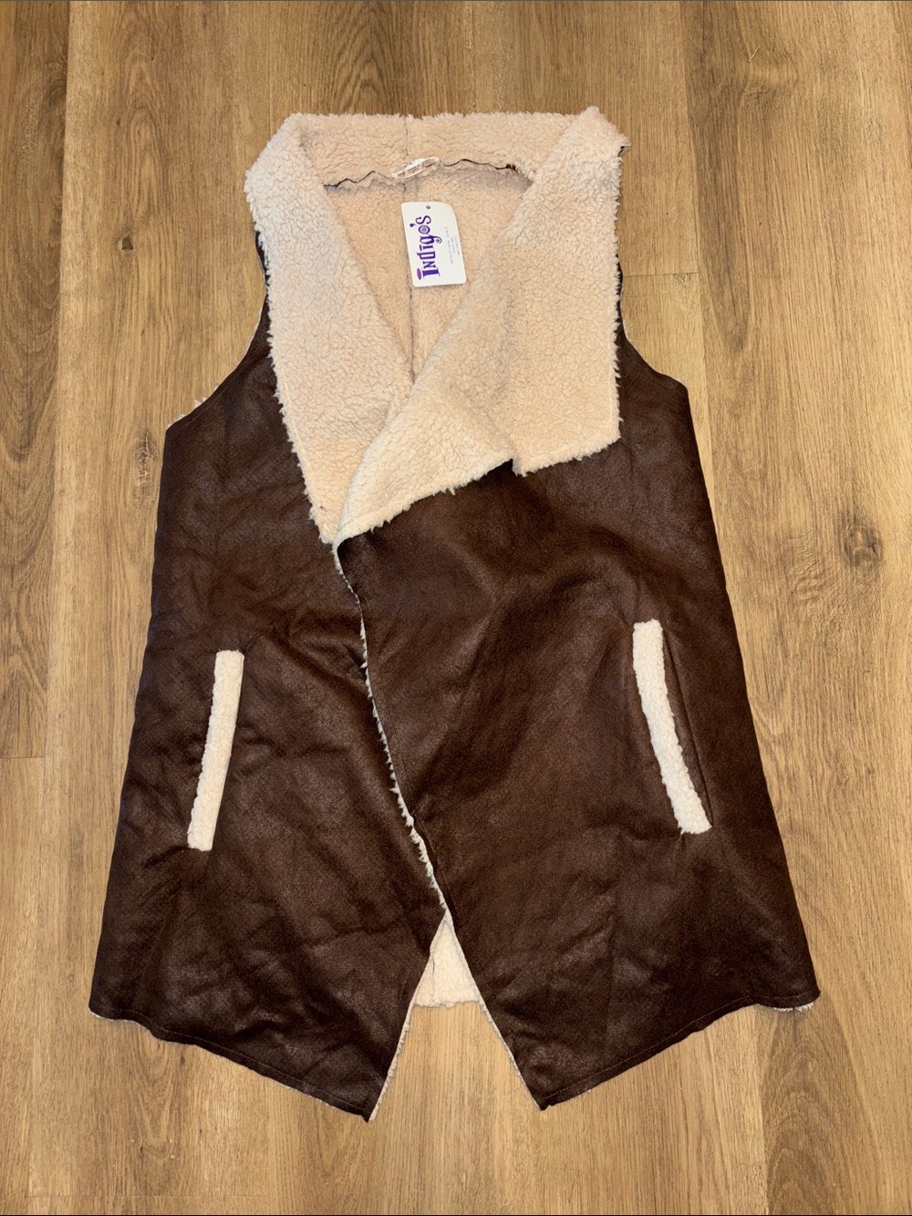 TCEC Brown Sherpa Suede-Look Open-Front Vest Brown & Tan Super Soft Small NWT